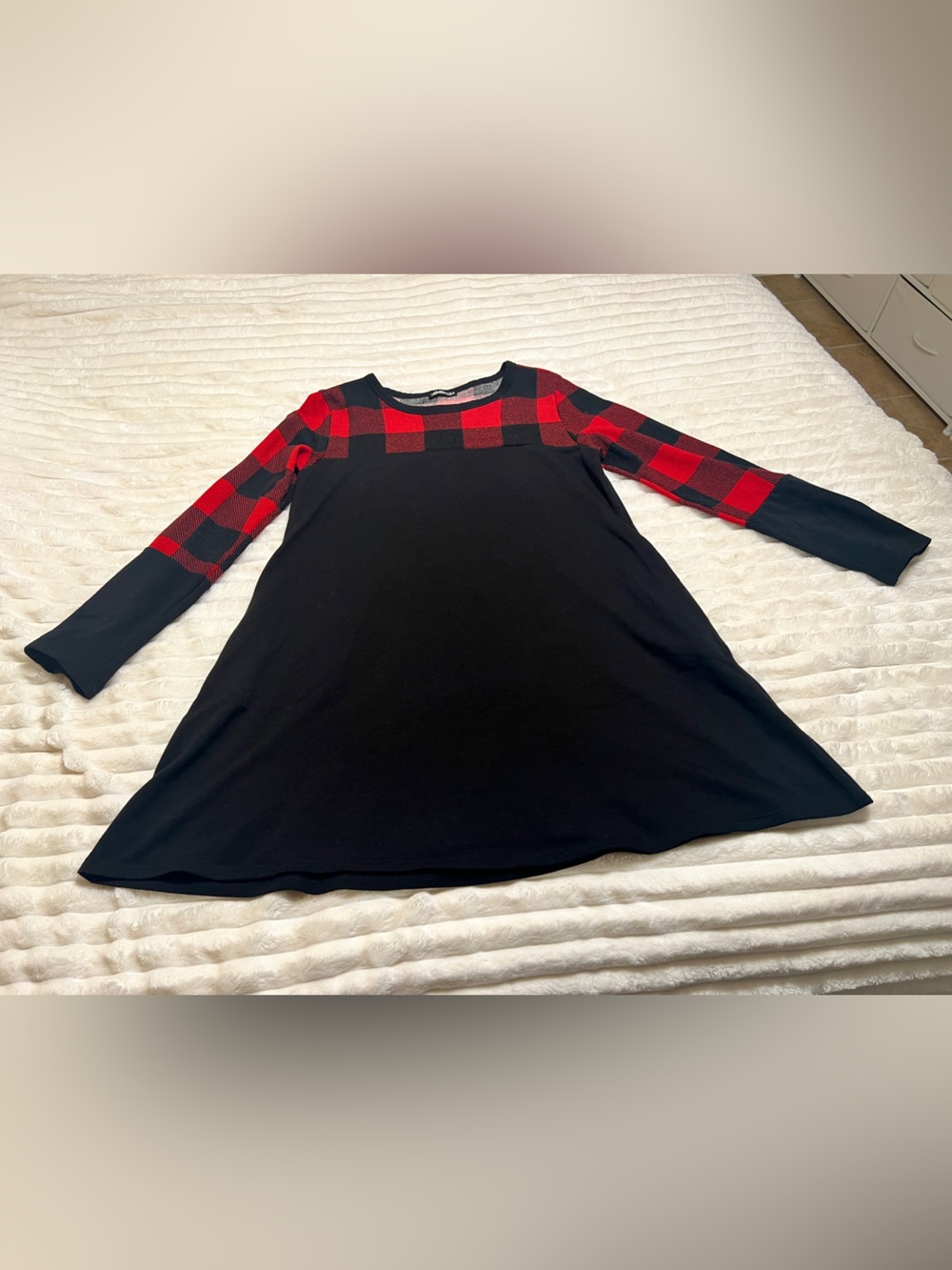 Women’s  Black Dress with Red Buffalo Plaid Yoke and Sleeves